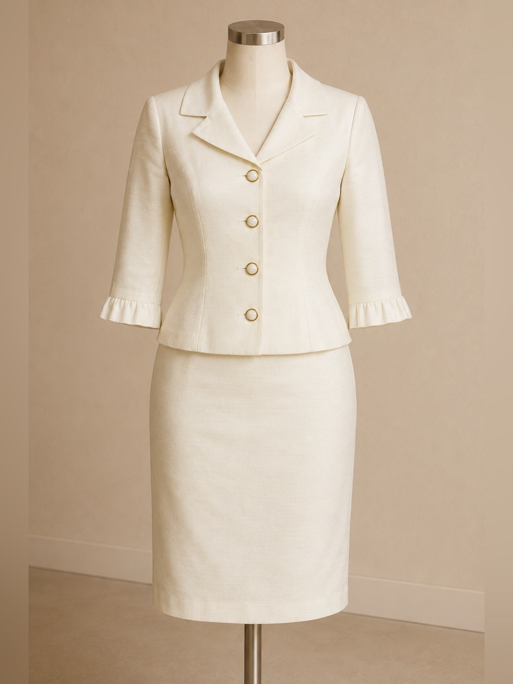 Vintage Virgo Petite Ivory Skirt Suit 10P Pearl Buttons Made in USA